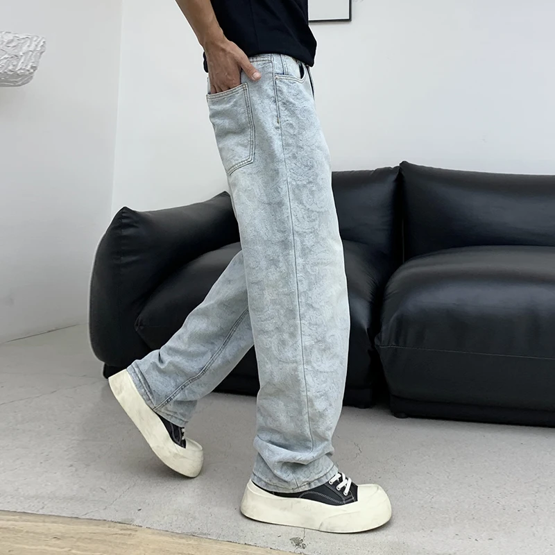 

BGC9358 Tide design jacquard embroidery light coloured jeans men loose straight light luxury premium sense trousers