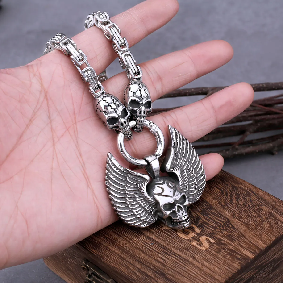 Stainless Steel Wing Head Skull Pendant with Skull Square Necklace Men's Fashion Gothic Pendant Necklace Biker Hip Hop Jewelry