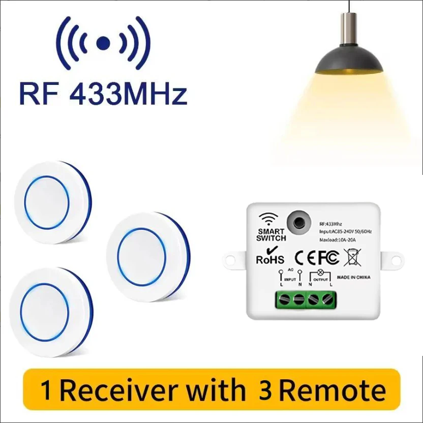 RF 433MHz Draadloze 10A Relais Ontvanger Afstandsbediening Lichtschakelaar 220V 110V Mini Ronde Knop Wandpaneel schakelaar Voor LED Lamp