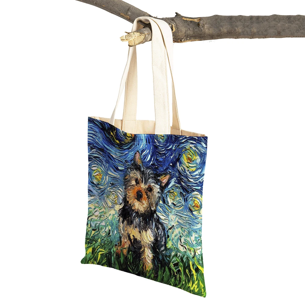 Cartoon Starry Sky Oil Painting Dog Shopper Bag Tote Double Print Pet Casual Animal Women Shopping Bags Linen Tote Handbag