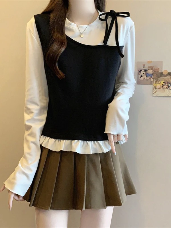 

Корейская женская блузка на раннюю весну с длинным рукавом, имитация двухслойности, пэчворк, асимметричный подол, кружевная отделка, свободный крой, круглый вырез, принт, полиэстер