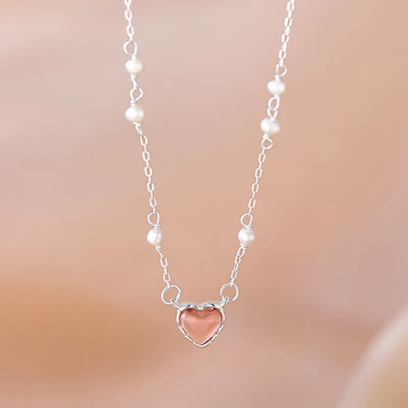 925 Sterling Silver Pink Love Pearl Necklace New Style Temperament Clavicle Chain Women's Sweet Neckchain Jewelry Wholesale