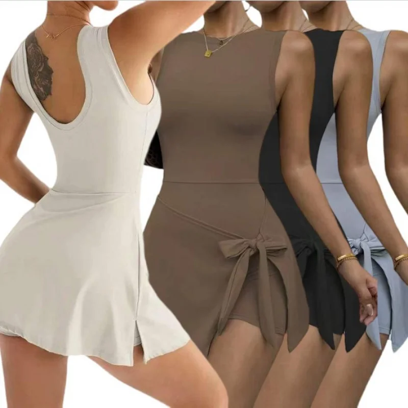 여성용 심리스 패션 테니스 스커트 통기성 빠른 건조 홀터 야외 피트니스 바디수트 여성용 원피스 스포츠웨어