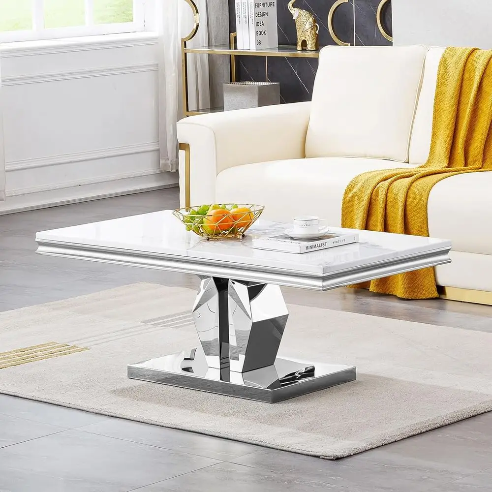 Eleganter rechteckiger Sofatisch mit weißer Marmorplatte und silberner verspiegelter Edelstahlsockel für Wohnzimmer oder Büro