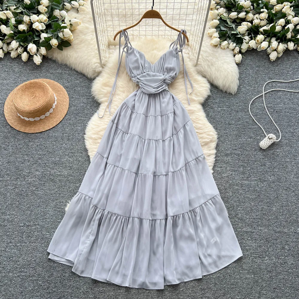 Chic vintage Ruched V-neck sleeveless Elegant Fairy korean fashion Boho Beach women clothing Long dress