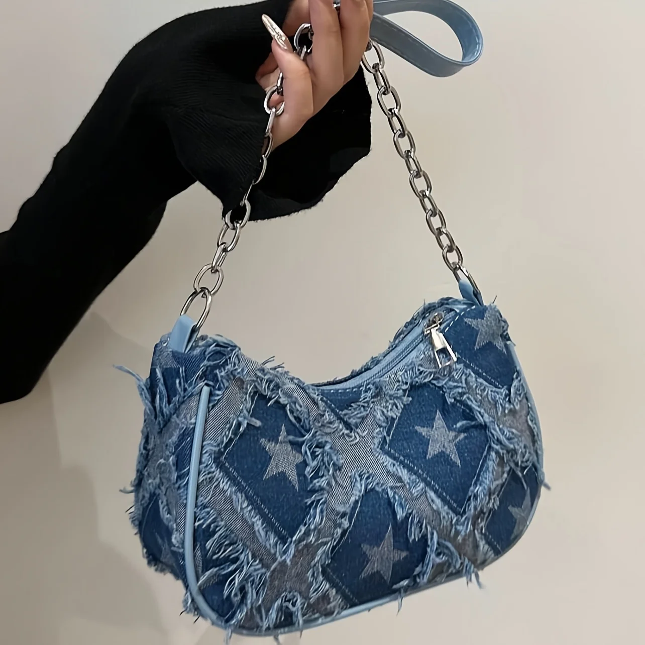 Damen-Tragetasche mit Sternmuster, blauem Distressed-Design, goldfarbene Hardware, stilvolle Handtasche, Umhängetasche für den täglichen Gebrauch – Detail 22