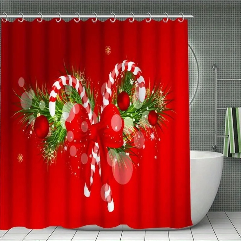 JIT1/4pcs Realistic Apple Cane Floral Series Shower Curtain Set with Non-Slip Mat, Christmas-Themed Bathroom Decoratio