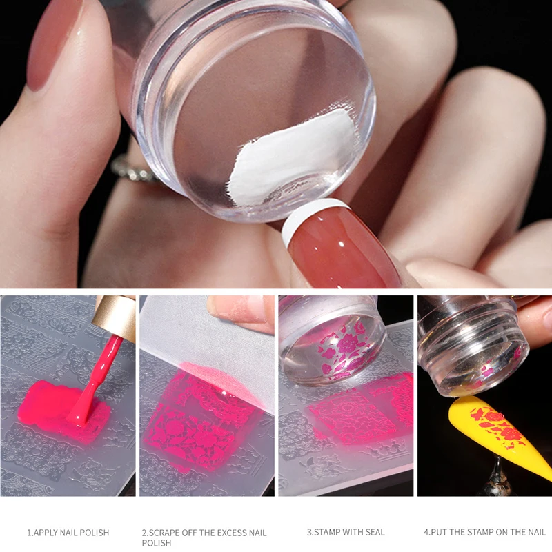 Carimbo de unhas transparente com raspador, carimbo de cabeça de silicone para impressão de unhas francesas, arte de unha, placa de estampagem, manicure