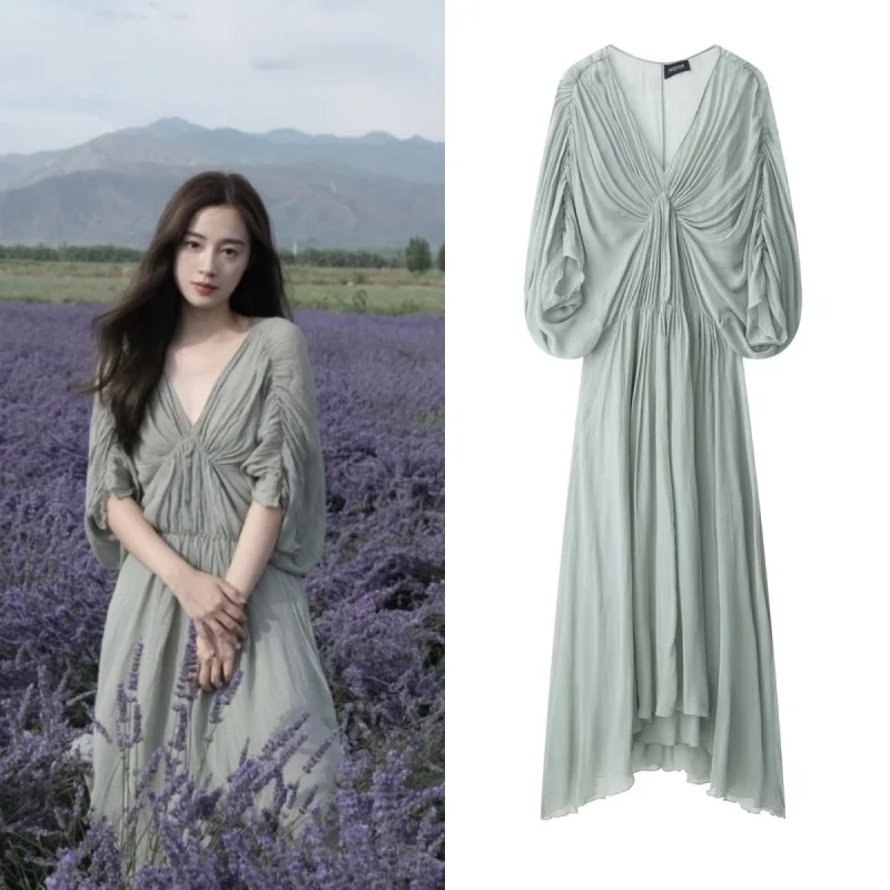 ETJ 2025 Women's Wear Summer new Elegant and gentle Goddess style V-neck pleated dress party date dress