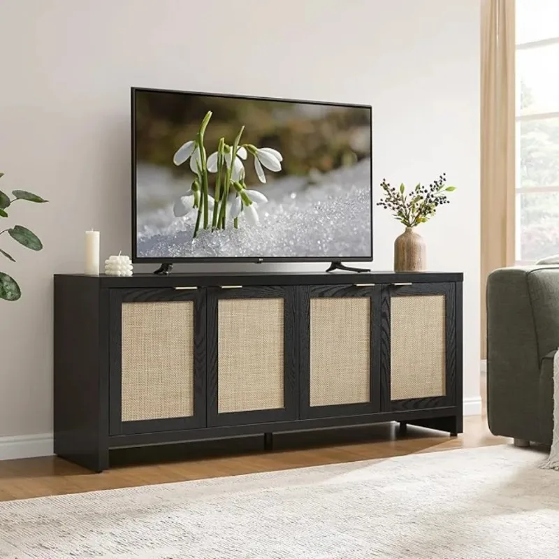 

4 Rattan Cabinets Farmhouse Television Stands with Storage Large Media Console Table for TVs up to 45 50 55 60 65 Inch