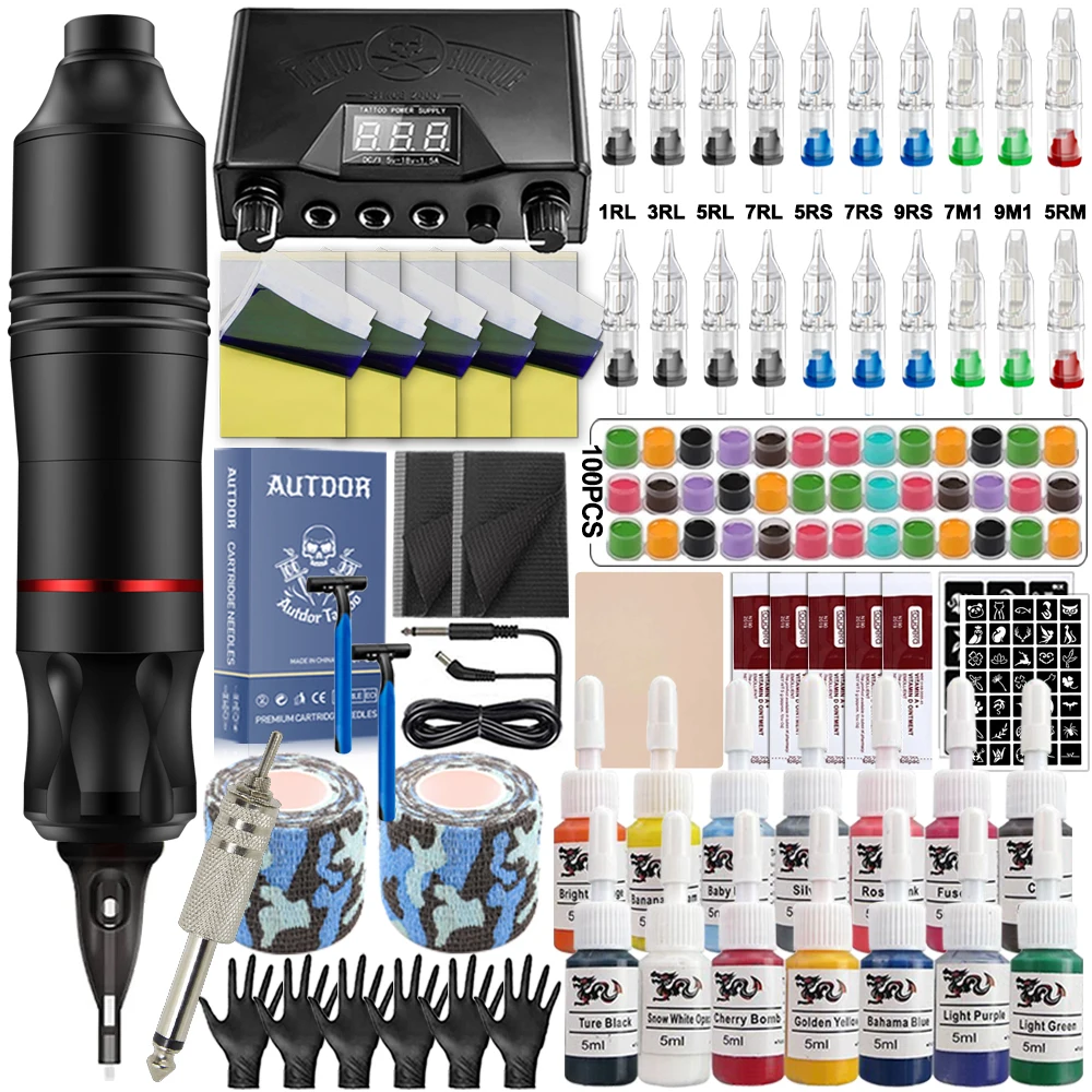 

Набор для татуировки: роторная машинка-ручка, блок питания, картриджи, иглы, чернила для татуировки, набор для начинающих