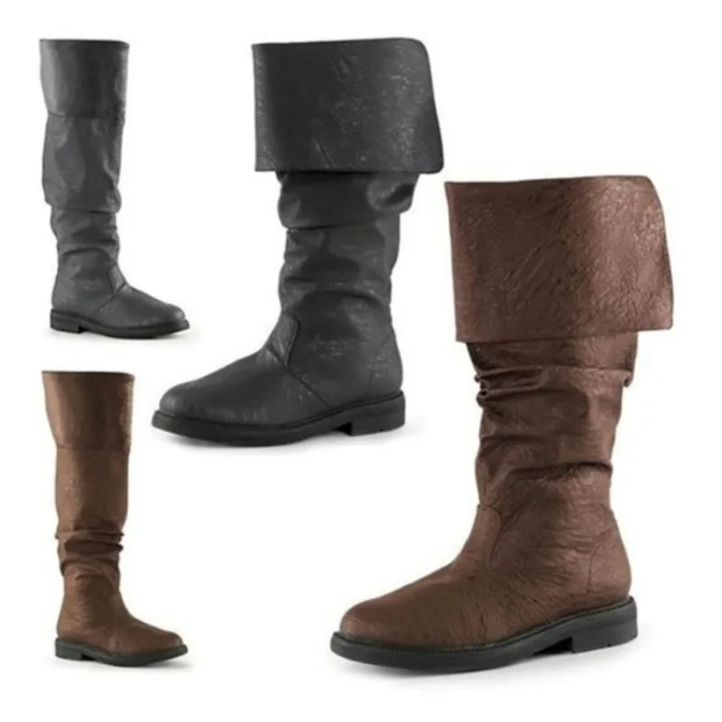 Men's Boots Medieval Leather Boots Vintage Slip on Platform Punk Boots Outdoor Breathable Mid-Calf Boot Flat Plus Size Long Boot