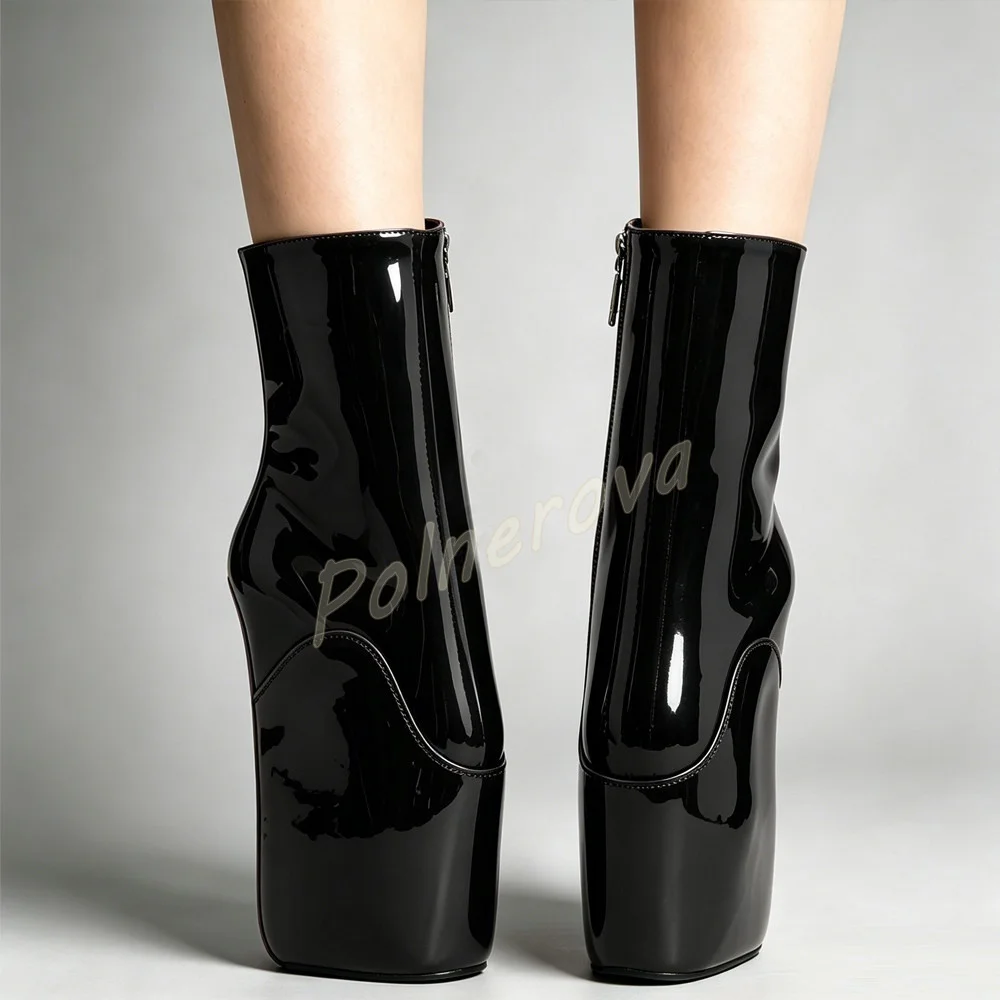 Ballet Heel Solid Ankle Boots Women Patent Leather Back Zipper Platform Heelless Boots Gothic Pole Dance Party Winter Shoes
