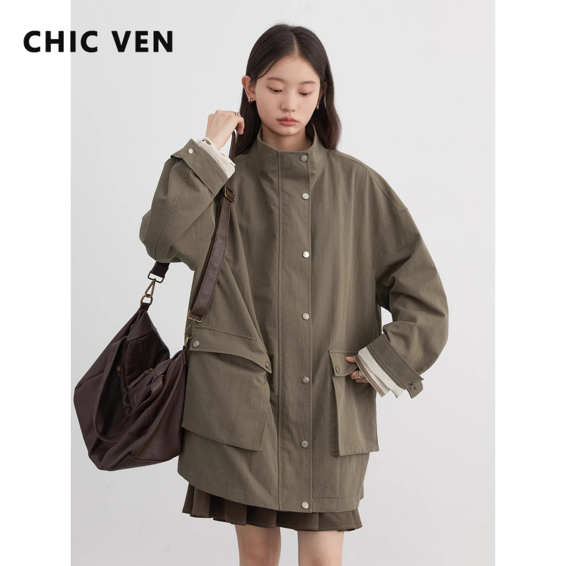 

CHIC VEN Women Trench Coat Loose New Casual Tops Stand Up Collar Workwear Windbreaker Female Oversized Jacket Autumn 2024