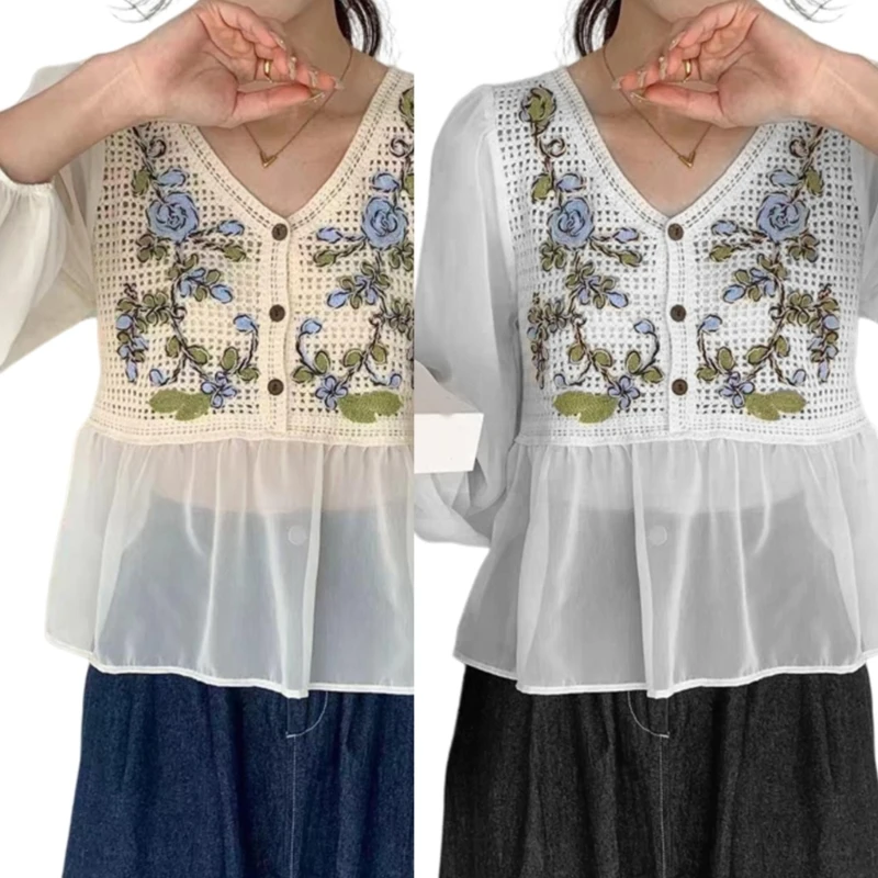 

Crochet Embroidery Flower Peplums Top Women Puff Sleeve Button Up Shirt Drop Shipping