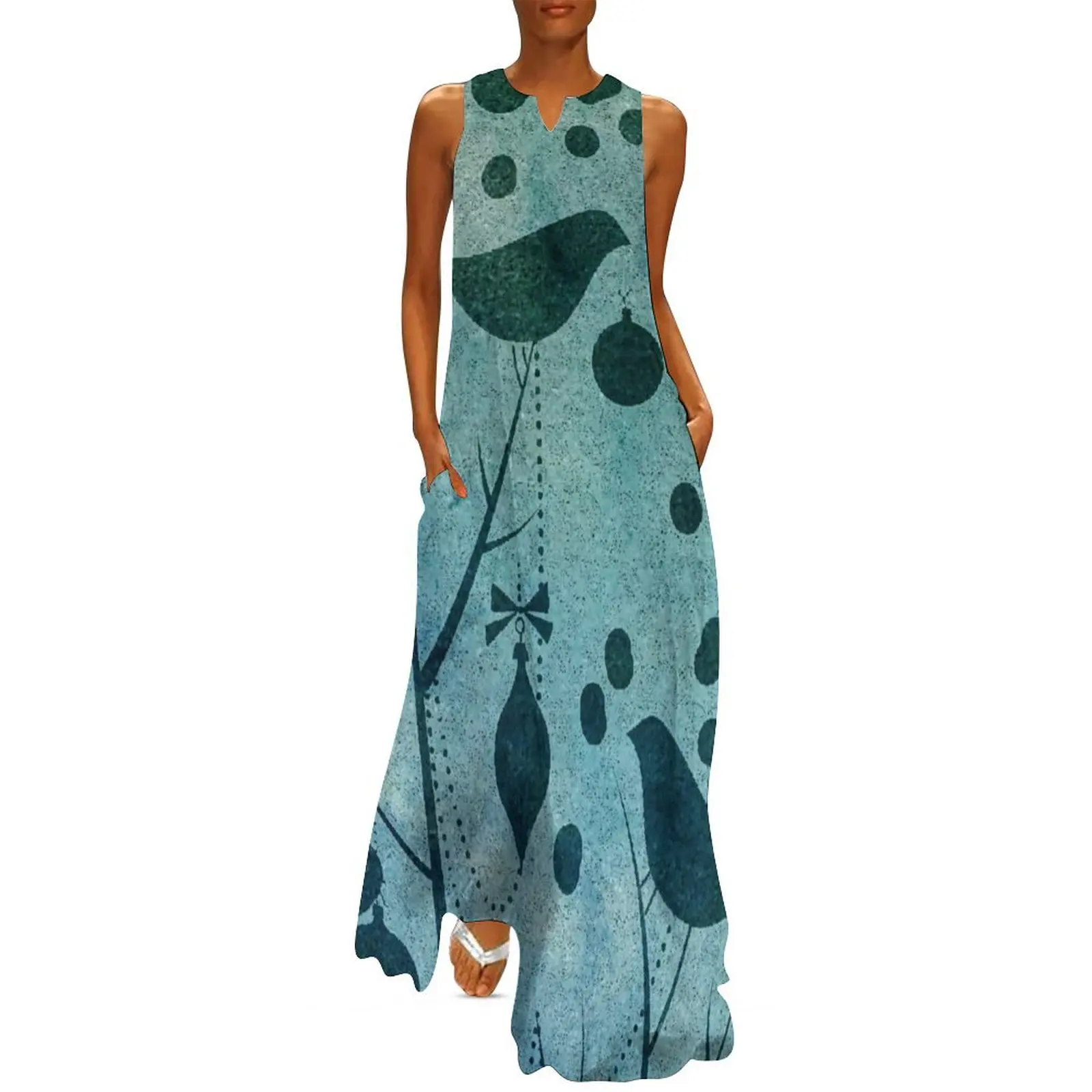 

Christmas birds in teal Long Dress dresses women summer 2025 summer women's dress 2025 Dress