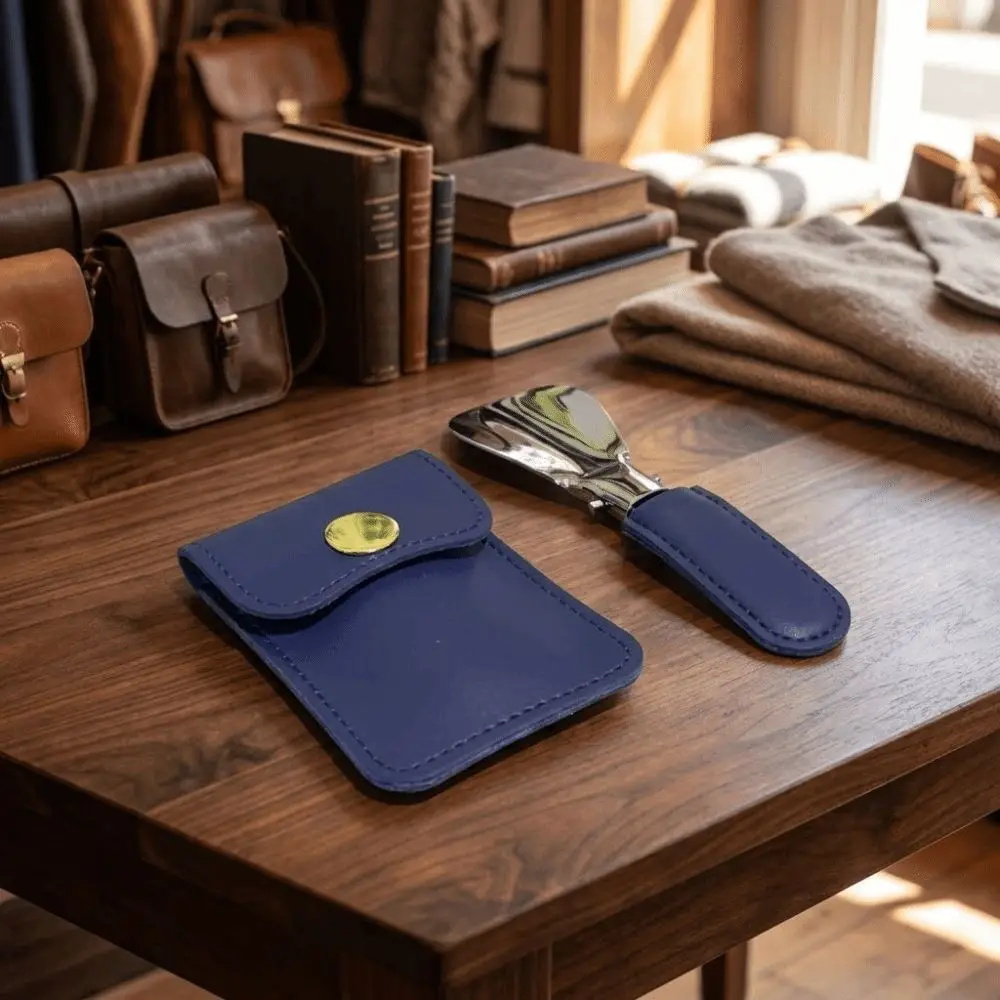 Leather Bag Elderly Person Folding Shoehorn Mini PU Handle Stainless Steel Shoe Horn Wearing Aid Solid Color