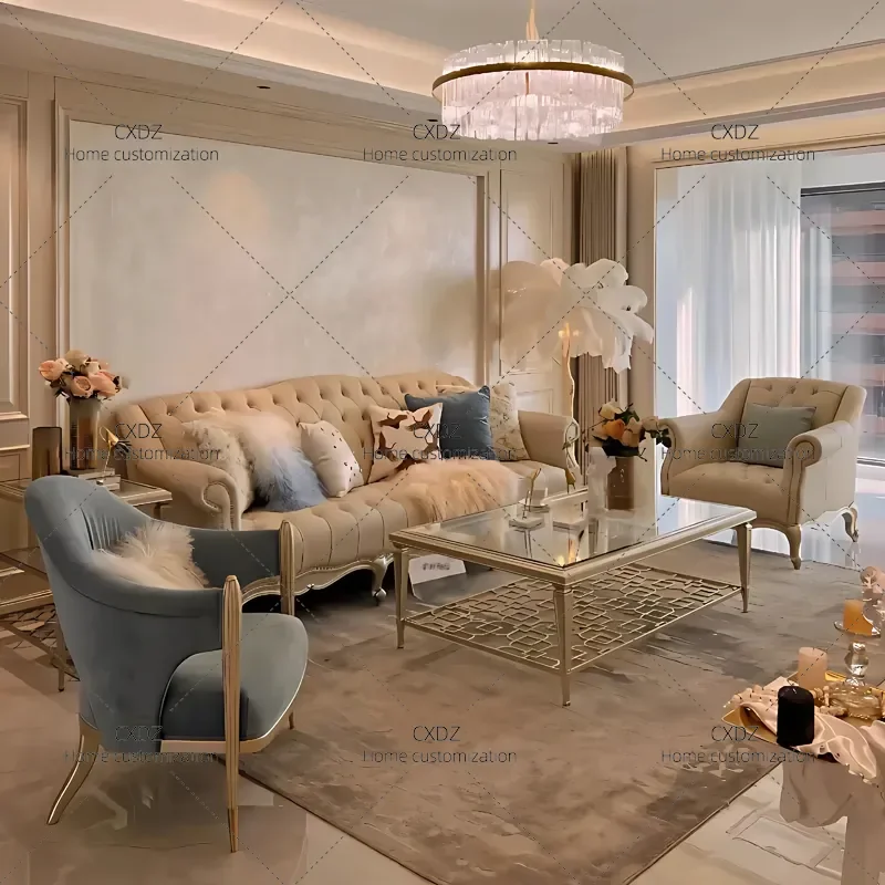 Light Luxury Retro Sofa with Real Wood Carved Floral Details Tufted Button Design for Living Room Single or Three Seater
