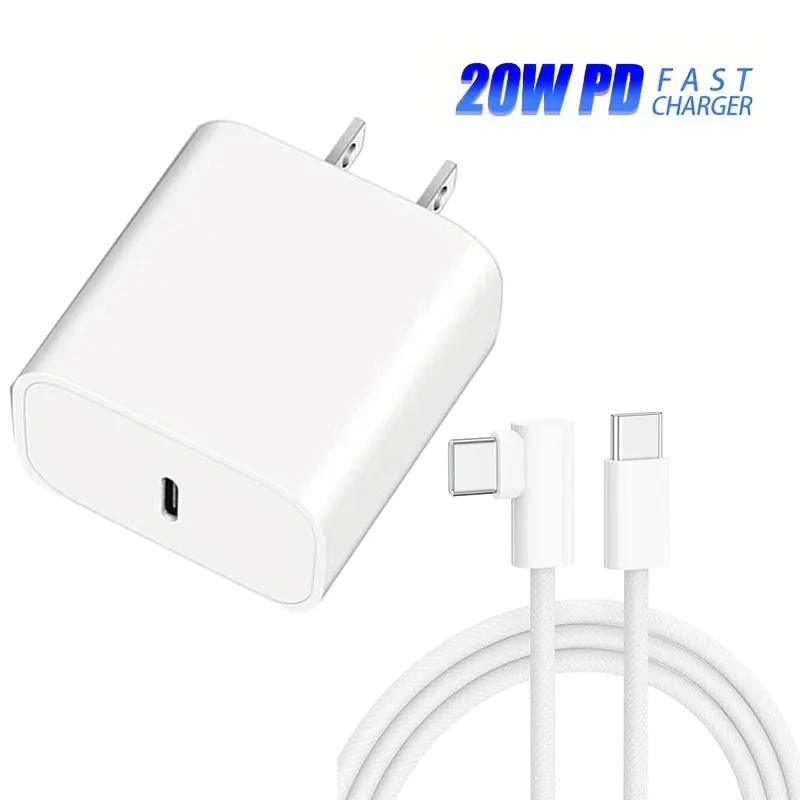 20W EU Plug / US Plug Phone Charger + 1M Usb-C Type C Game Fast Charging Cable 90 Degree Elbow Line