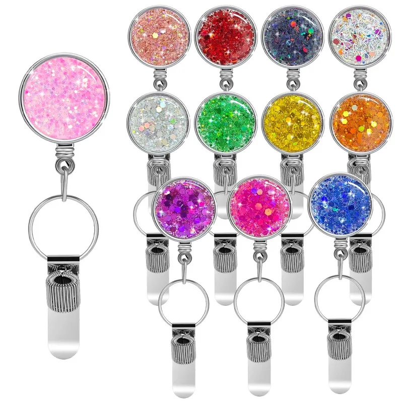 Glitter Laser Silver Retractable Badge Reel With Pen Clip Pen Sleeve, Multi-purpose ID Card Holder Accessories for Medical Staff