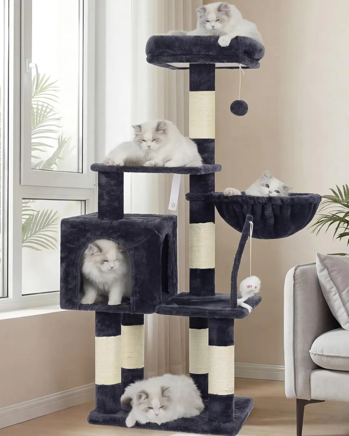 Cat Tree Condo Tower with Plush Perch Hammock and Scratching Posts for Indoor Cats