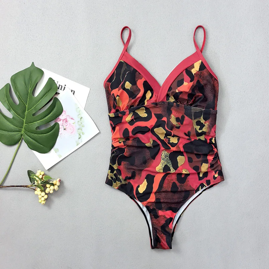 Red Leopard Print Swimwears Female One Piece Sexy Swimsiut Women 2026 Side Ruched V Neck Bathing Suit Back Knotted Swimming Wear