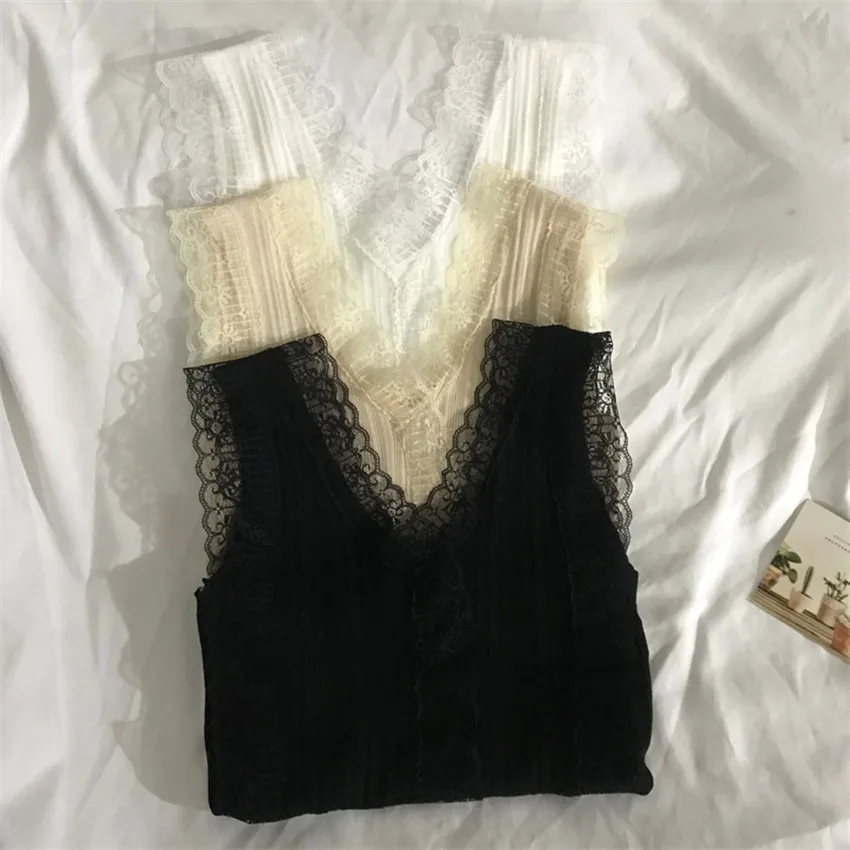 Chalecos de encaje que combinan con todo para mujer, camisetas sin mangas con cuello en V, trajes de tirantes para chica, Tops ajustados con fondo WZ1735