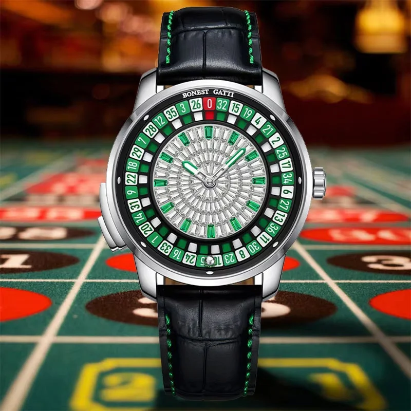 BONEST GATTI الرجال الساعات الأوتوماتيكية الأوروبية زر الروليت متعة لعبة الياقوت الزجاج ساعة ميكانيكية الماس الهاتفي ساعة رجالي