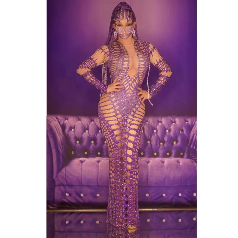 

Purple Rhinestones Sexy Hole Long Dress for Women Birthday Party Evening Celebrate Outfit Singer Bar Stage Performance Costume