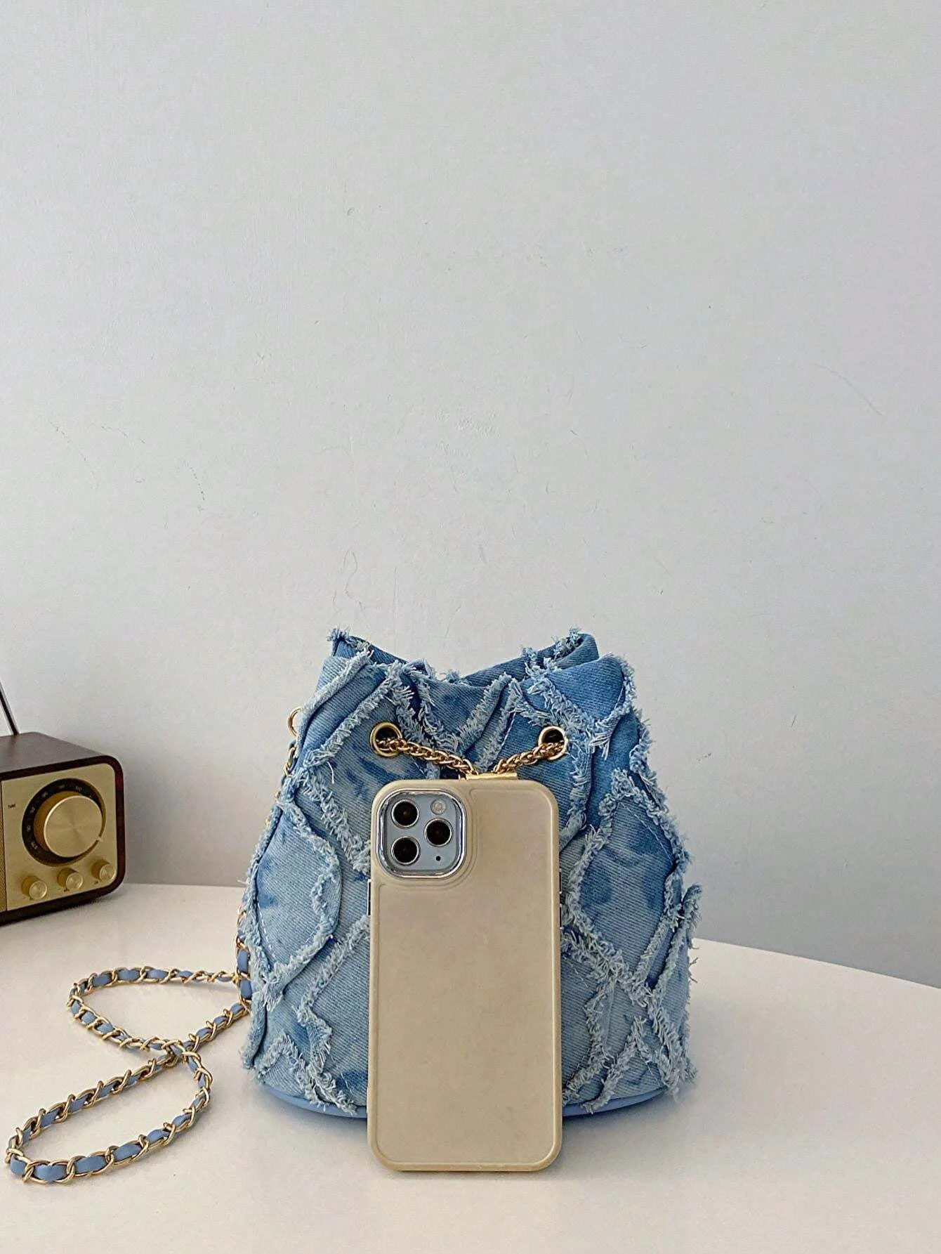 Borsa a tracolla in denim vintage scozzese tinta unita alla moda con corda aperta e chiusa, adatta per i viaggi quotidiani delle donne