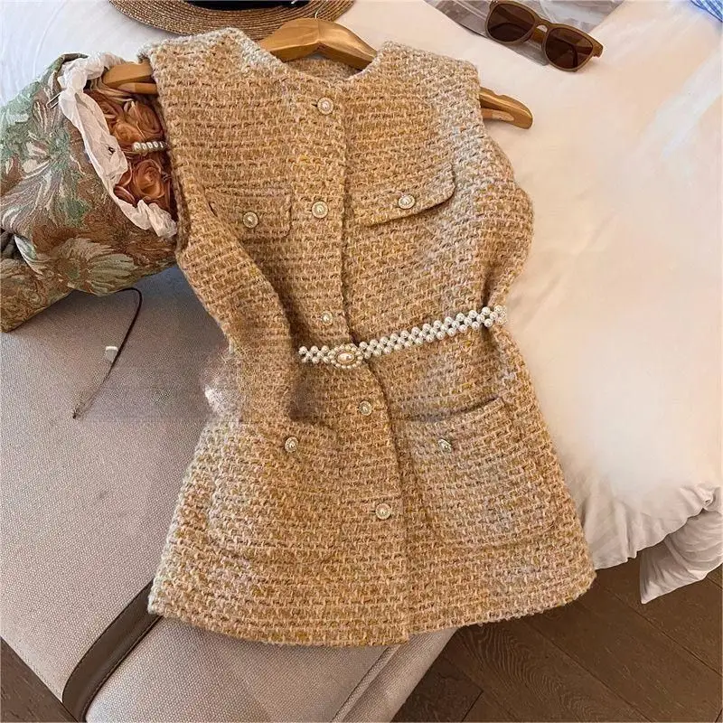 Autumn Winter Tweed Jacket Sleeveless Vintage Wool Vest Women Clothing Slim Buttons Pocket Waitstcoat Korean Fashion Coat