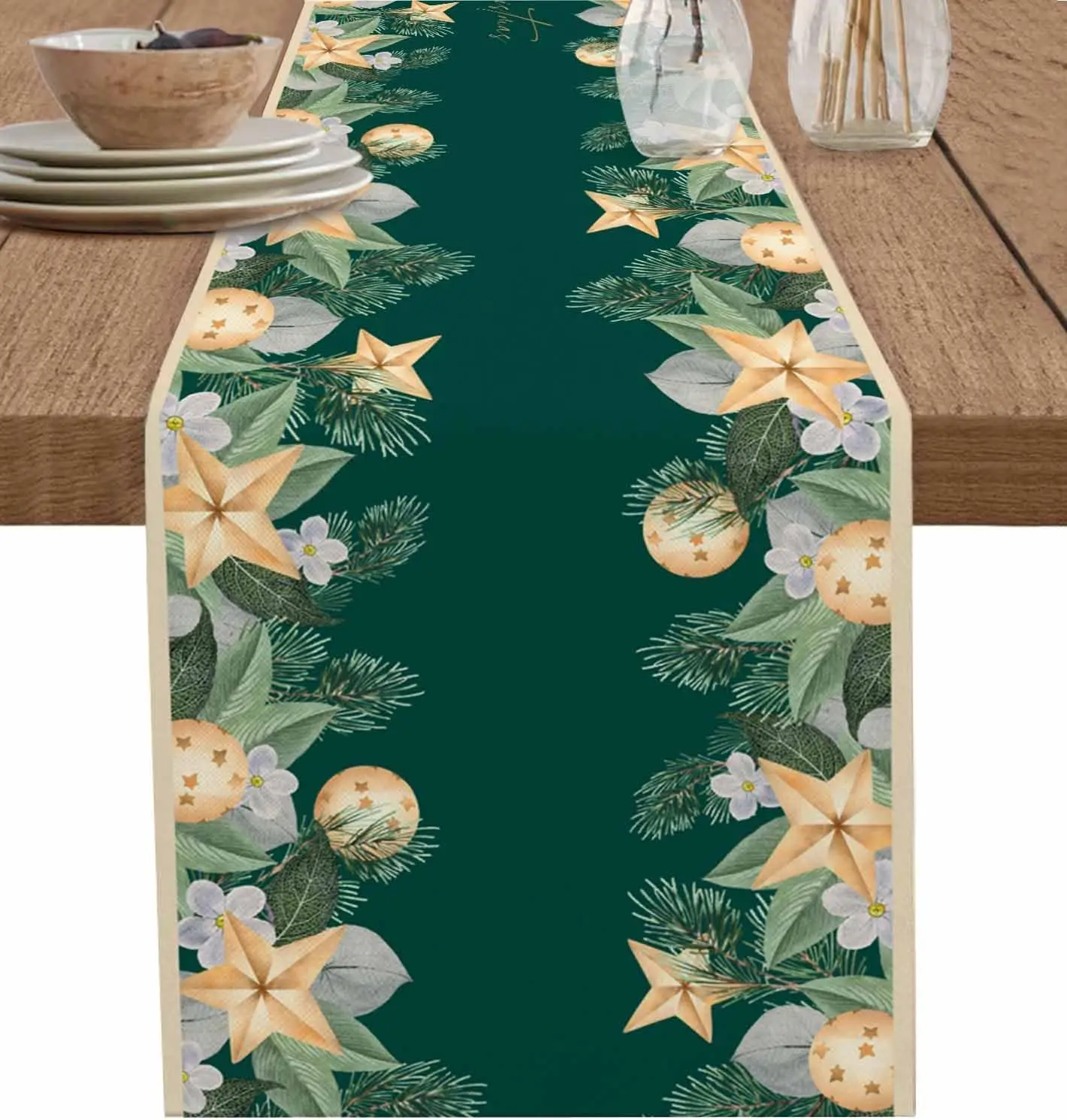 Christmas Long Stars Flower Pine Needles Watercolor Pattern Linen table runner party decor farmhouse Kitchen dining table runner