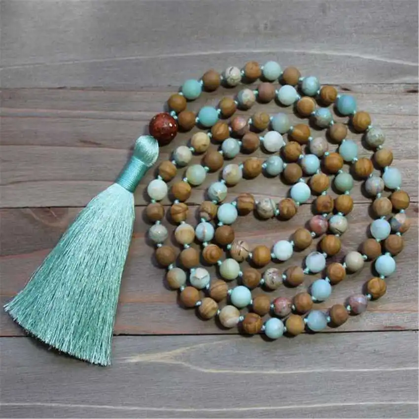 

Natural Sandalwood & Amazonite Mala Beads Necklace 108 Beads with Red Jasper Pendant & Mint Tassel Healing Crystal Jewelry