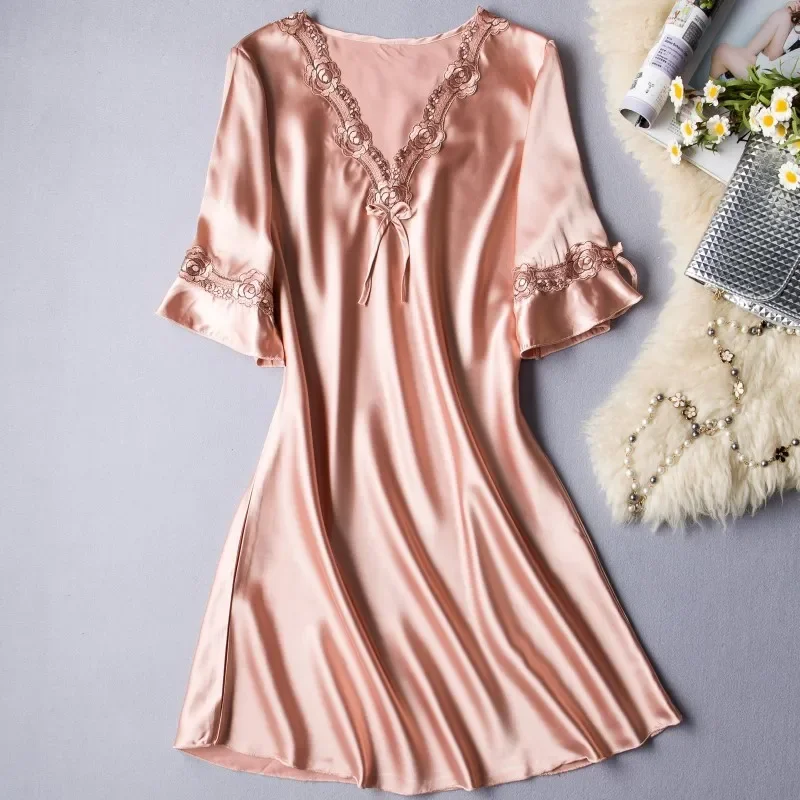 Silky Satin Women Nightgown Oversize Sleepwear Casual Nightdress Summer New Sleep Shirt Sexy Nightshirt Female Home Dress