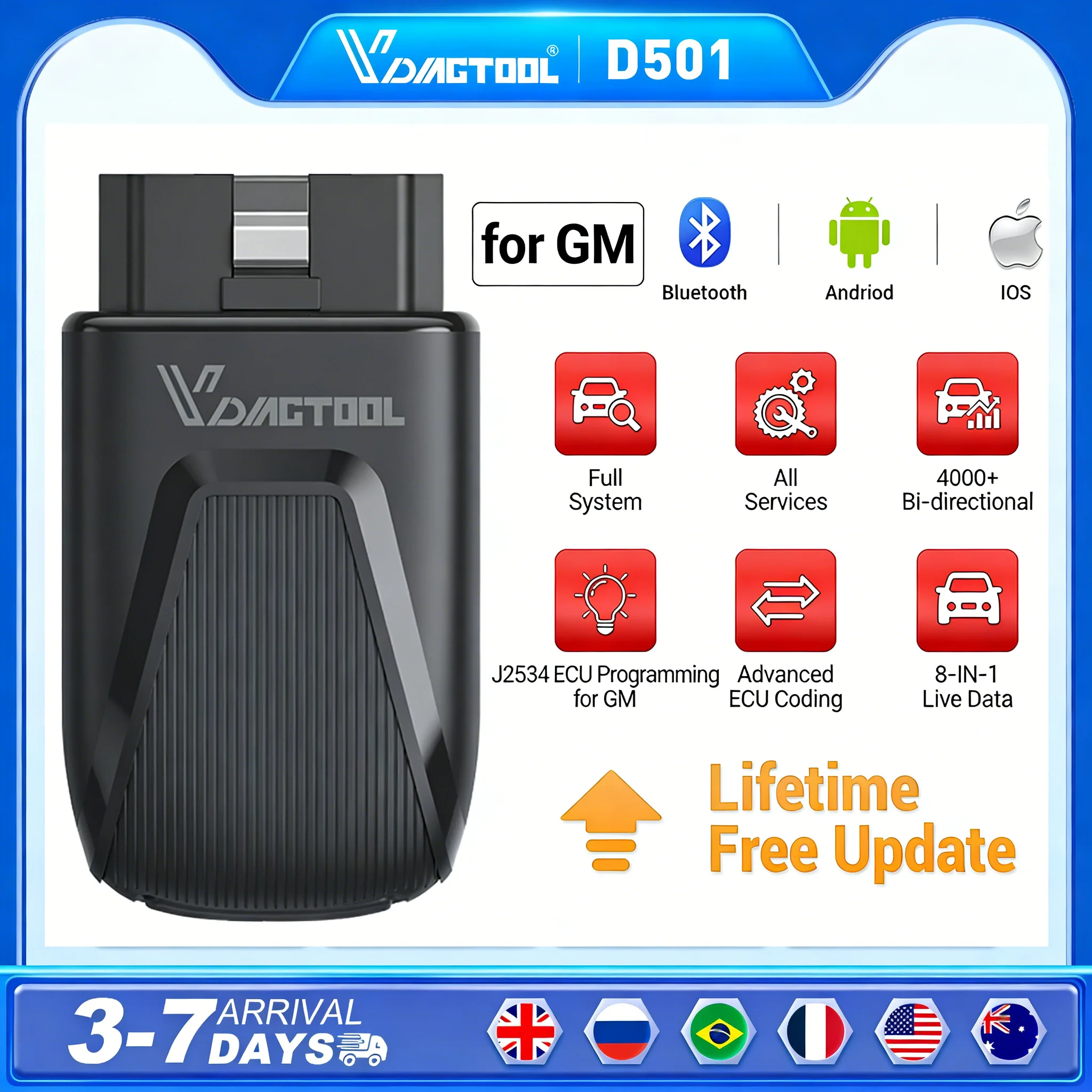 

VDIAGTOOL D501 for GM OBD2 Scanner J2534 Programming Active Test 27+ Reset All System Car Diagnostic Tool Lifetime Free Update