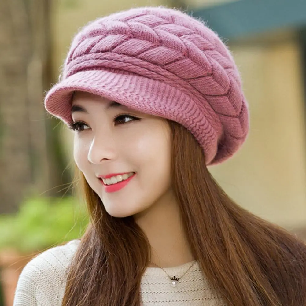 Women's Winter Solid Color Warm Knit Loose Beret Casual Ski Hat Korean Version Peaked Beret Plus Velvet Thick Knit Ear Guards