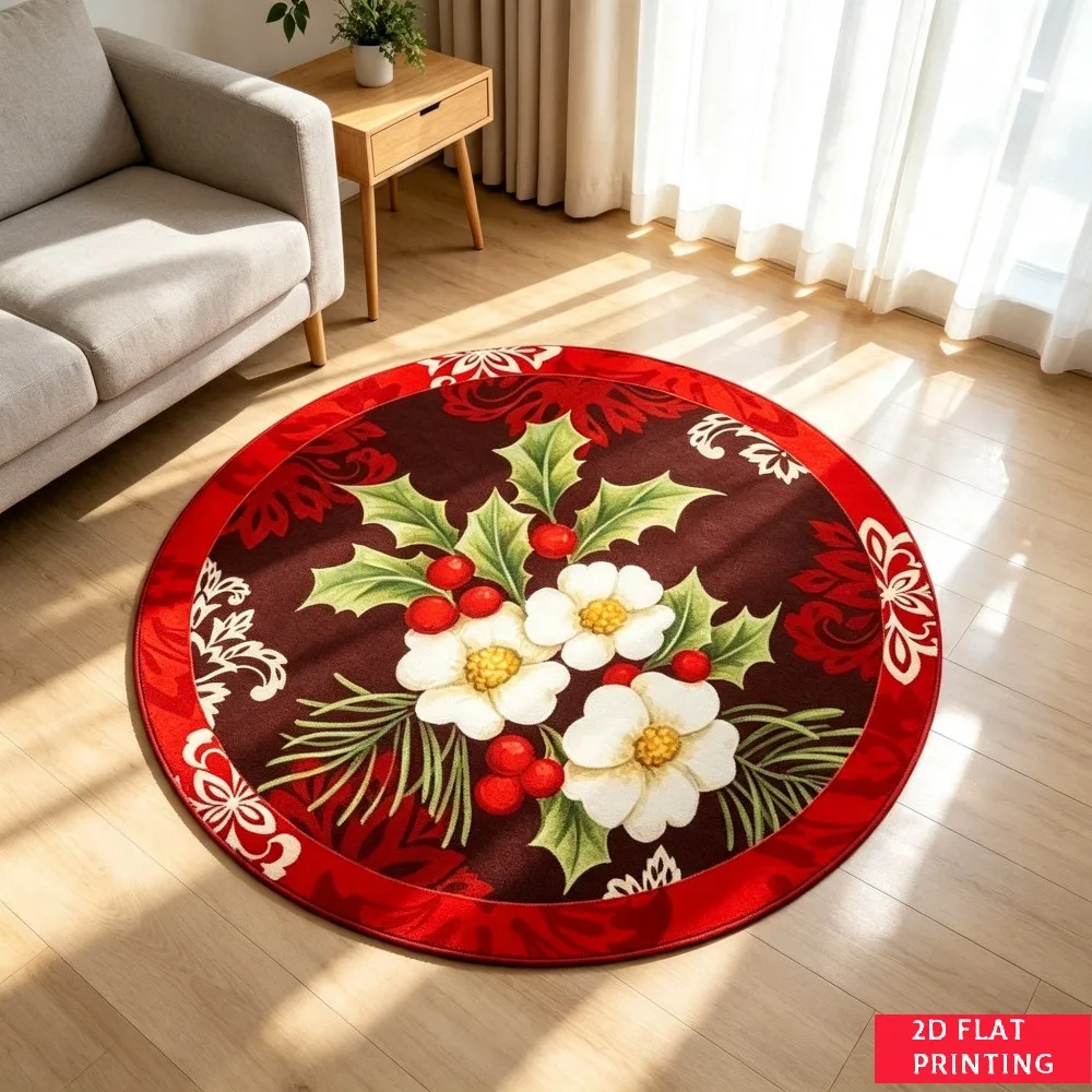 Vintage Christmas Floral Medallion Printed Circular Rug With Holly Leaves And Berries Ideal For Seasonal Home Accent Placement
