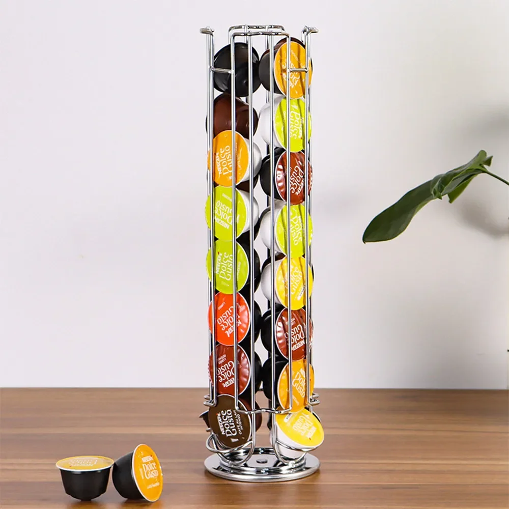 Metal Coffee Pods Holder Tower Chrome Plating Stand Coffee Tamper Capsules Storage Rack for 32pcs Dolce Gusto Coffee Capsule