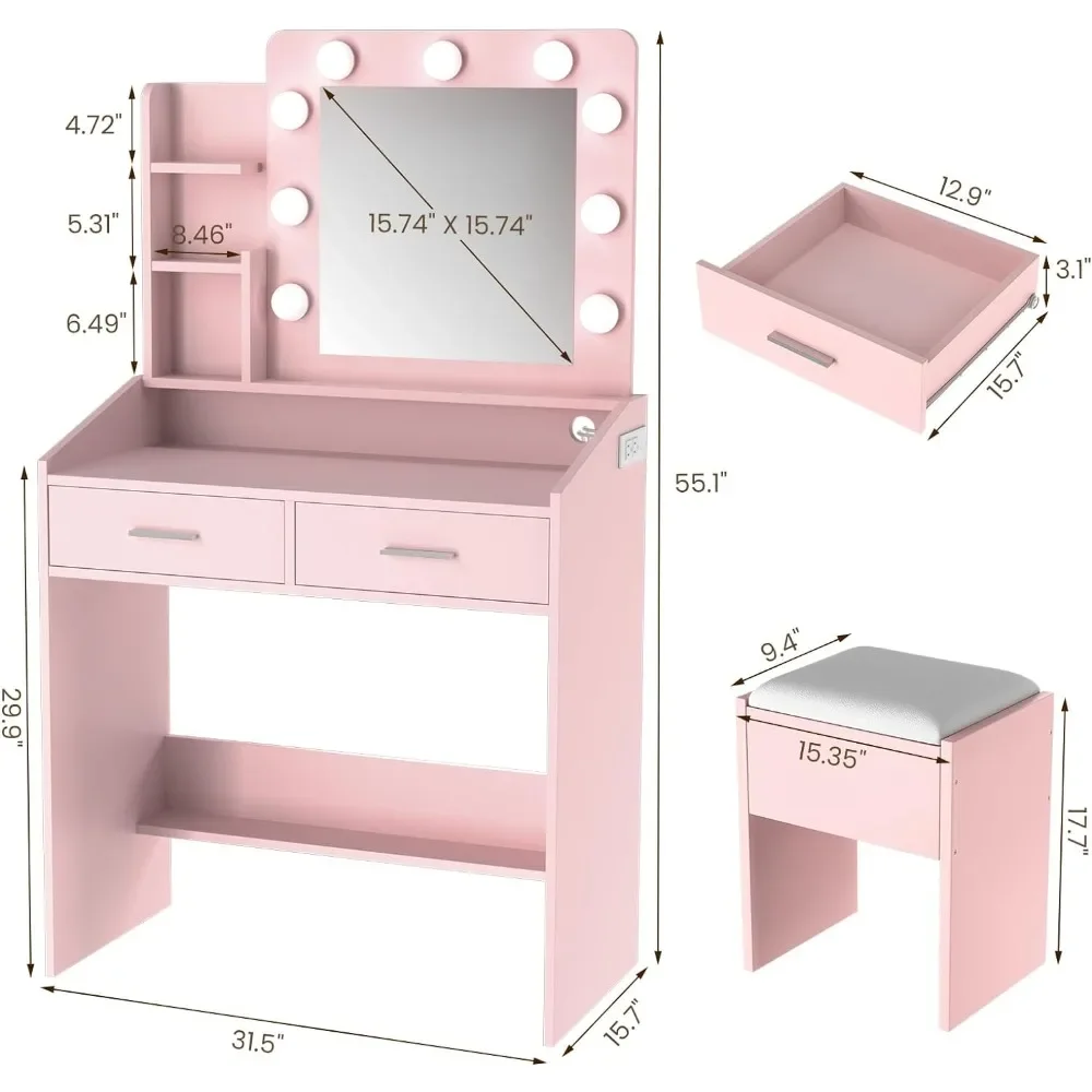 Vanity Desk with Mirror and LED Lights, Makeup Vanity Desk with Power Outlet and Cushioned Stool, Dressing Table, Pink