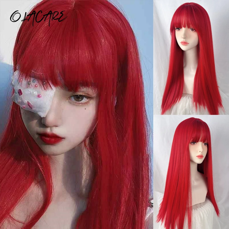 

OLACAR White Red Long Straight Synthetic Wigs for Women Colorful Cosplay Party Fake Hair with Bangs White Wig HighTemperature