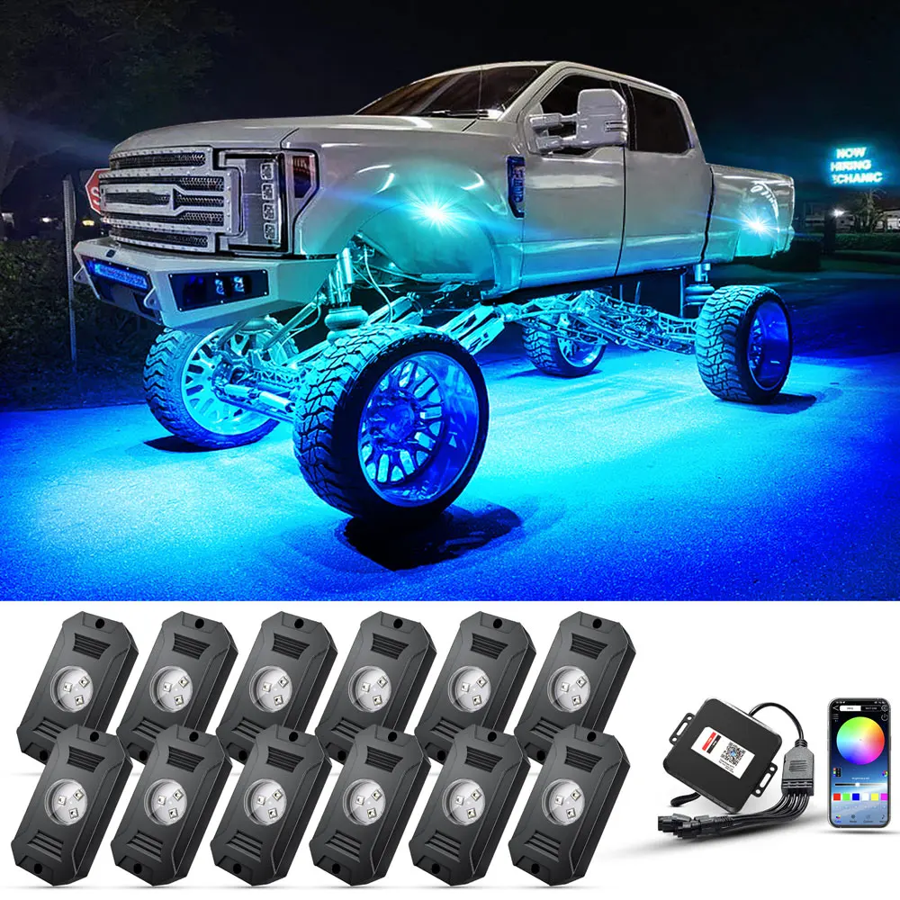 

High Bright RGB Car Rock Lights APP Control Waterproof IP68 Neon Underglow Trail Rig Light Pods For Offroad Truck SUV ATV Jeep
