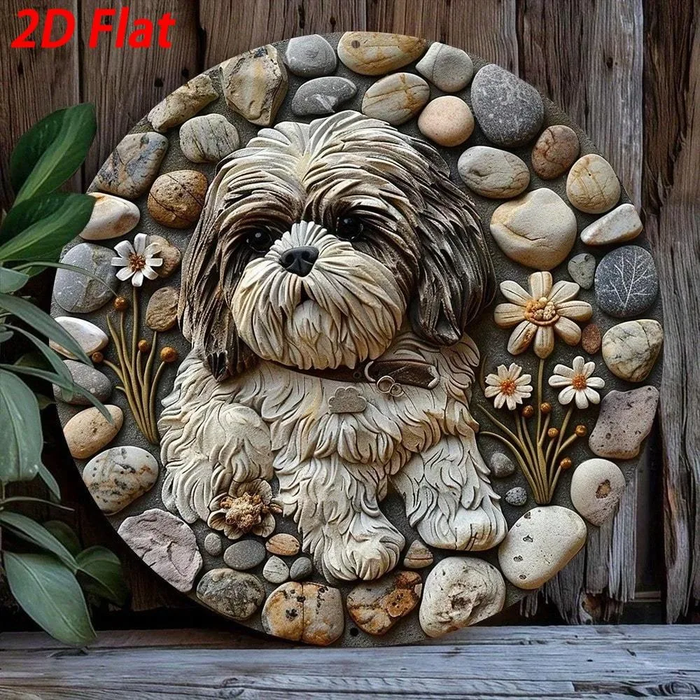 1. Stone Pebble Shih Tzu Dog Round Wall Plaque 1pc 20cm 2D Flat Metal Tin Sign Simulated Emboss Pet Art For Garden Porch Home Wa