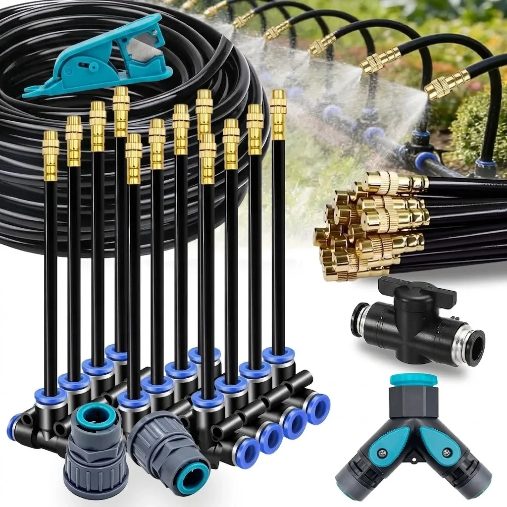 360 Free-bend Brass Nozzle Misting Cooling System 20-5m Garden Irrigation 3/8 9/12mm with 80mesh Filter Adjustable Sprayer Kit