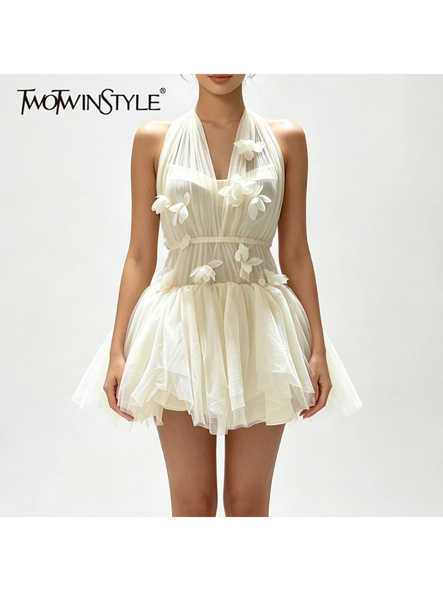 TWOTWINSTYLE 3D Flower Slimming Solid Spliced Mini Dress for Women Halter Neck Sleeveless Patchwork Zipper Dresses Female New