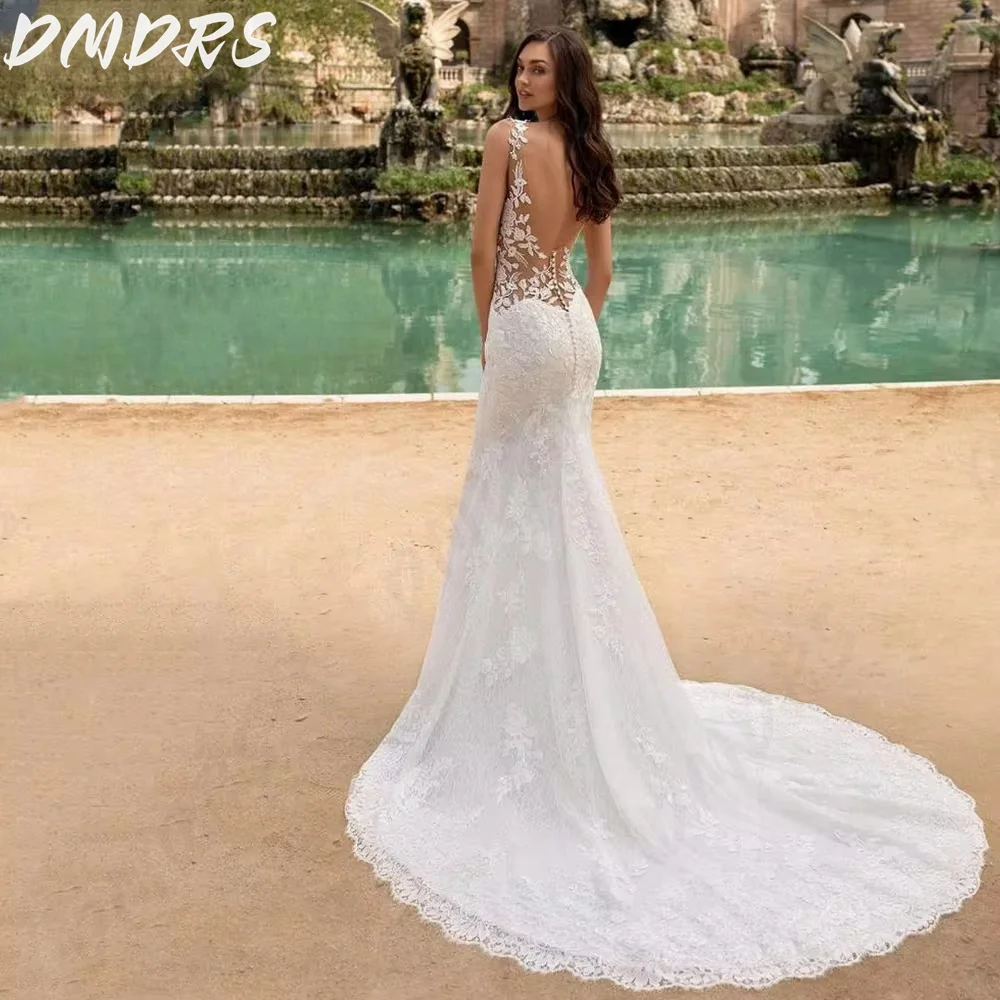 Sexy Lace Wedding Dress Romantic Customized  Bridal Gown Pastrol Sleeveless Backless Trumpet Floor-Length Bridal Dress Vestidos