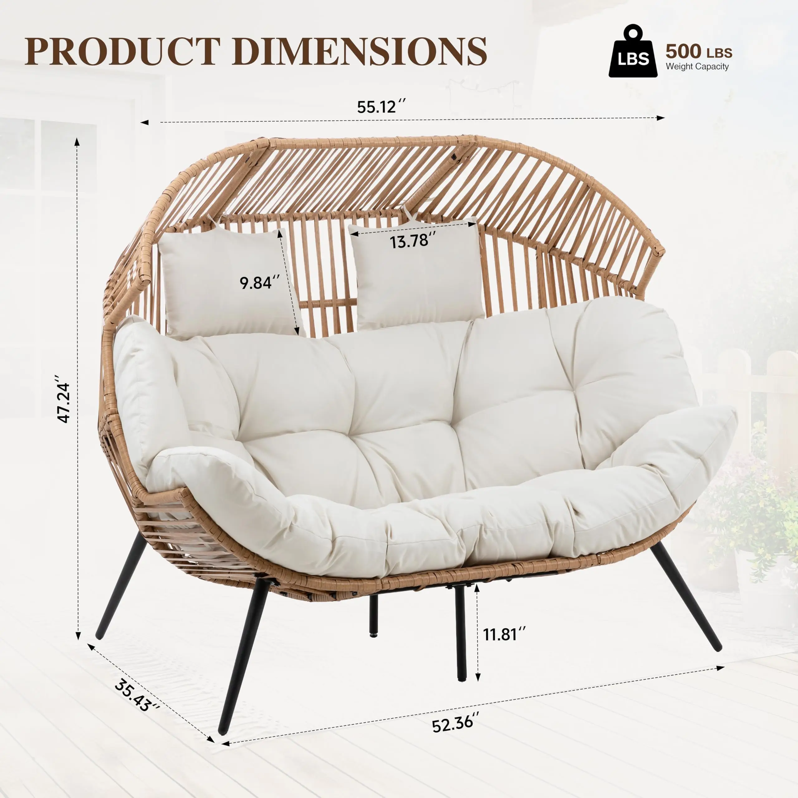 Double Egg Chair Wicker Outdoor Chairs, 2 Person Oversized Patio Loveseat Lounge Chair with Cushion, Indoor Living Room