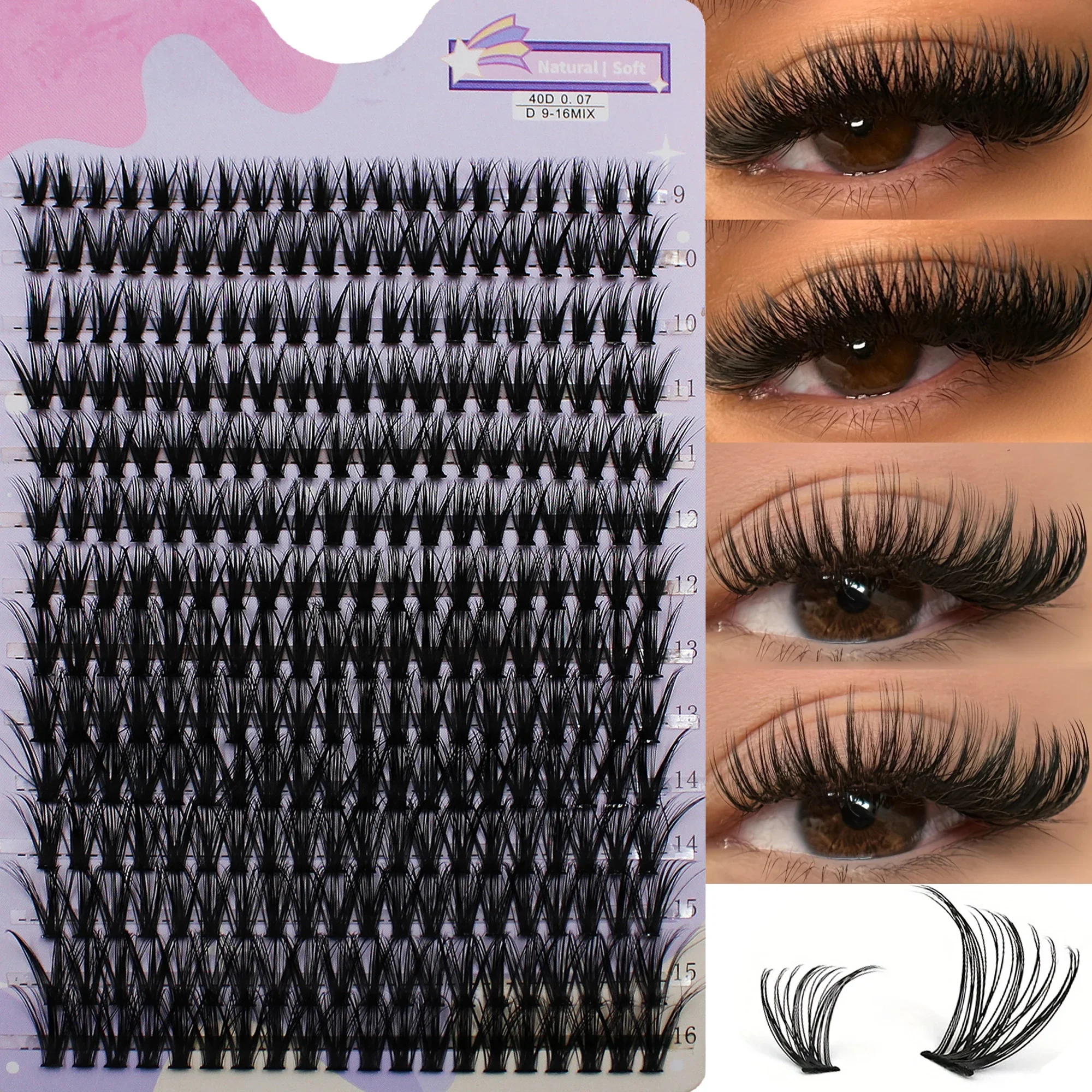14 Rows 280 Clusters 40D Mix 9-16mm Hand Made Thick Cluster Lashes Natural 3D Strip Individual Eyelash Extension