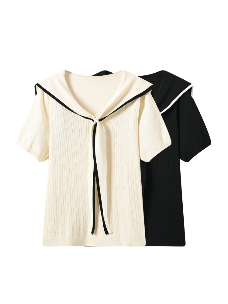 

plus Size Short Sleeve T-Shirt Women's Summer New Style College Style Casual Navy Collar Right Shoulder Top for Plump Sister