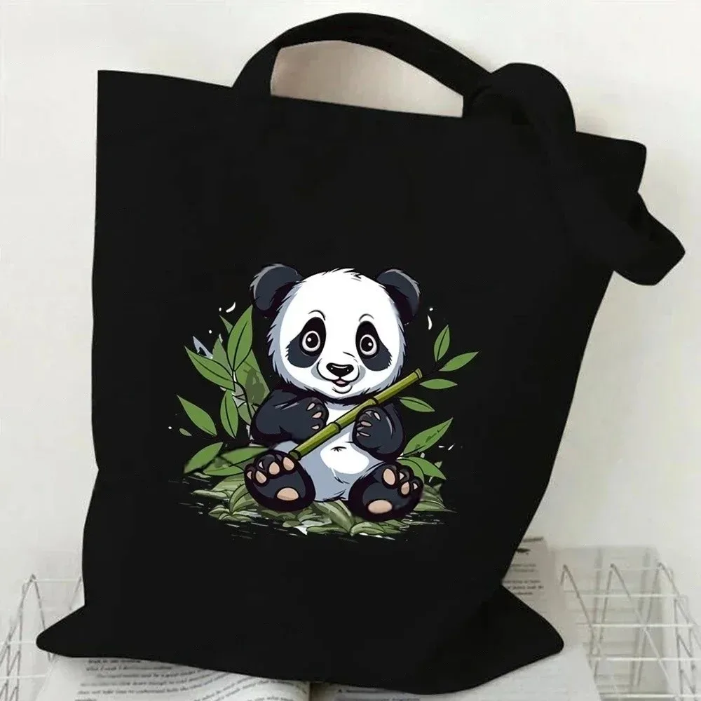

Cartoon Panda Canvas Tote Bags Cute Bamboo Printed Casual Shopping Handbag Gift Bag for Animal Lovers
