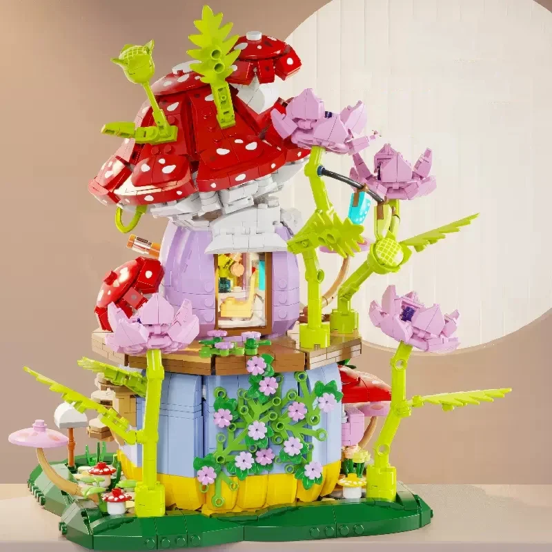 Flowers Carrot House Mushroom House Mini Building Blocks Carrot Forest House Bricks Set With Lights Children\'s Toys Gifts